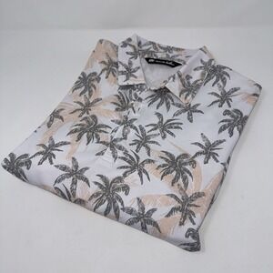 Travis Mathew Mens Palm Tree All Over Print Golf Polo Shirt White Gray Sz Med